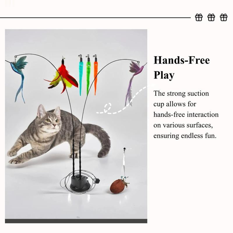 Gift for Pets, Interactive Cat Toy Set, 8 Counts/Set Including 2 Cat Wands with Base and 6 Feather Replacement Heads with Bells, Fun and Exercise for Indoor Cats