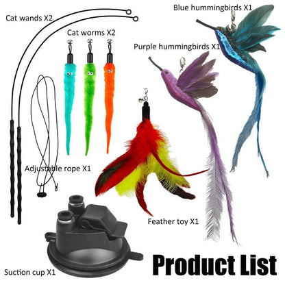 Gift for Pets, Interactive Cat Toy Set, 8 Counts/Set Including 2 Cat Wands with Base and 6 Feather Replacement Heads with Bells, Fun and Exercise for Indoor Cats