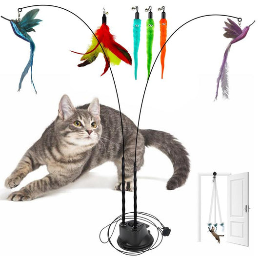 Gift for Pets, Interactive Cat Toy Set, 8 Counts/Set Including 2 Cat Wands with Base and 6 Feather Replacement Heads with Bells, Fun and Exercise for Indoor Cats
