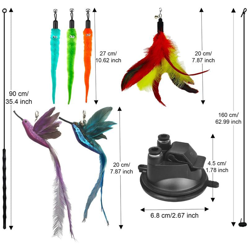 Gift for Pets, Interactive Cat Toy Set, 8 Counts/Set Including 2 Cat Wands with Base and 6 Feather Replacement Heads with Bells, Fun and Exercise for Indoor Cats